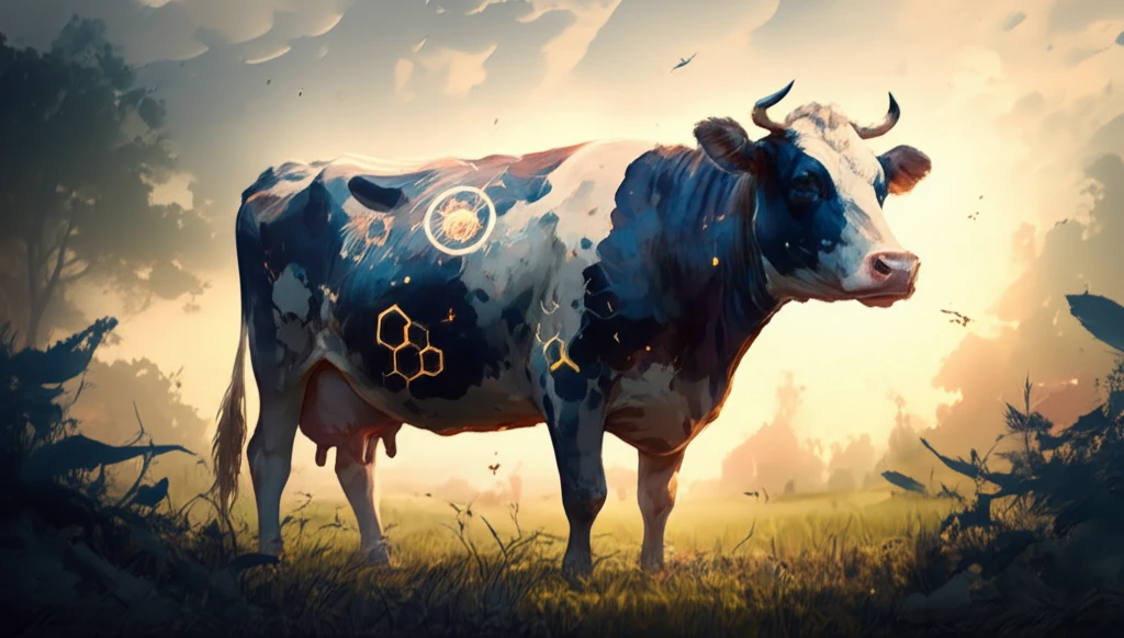 Dairy cow in a pasture with hormonal symbols.