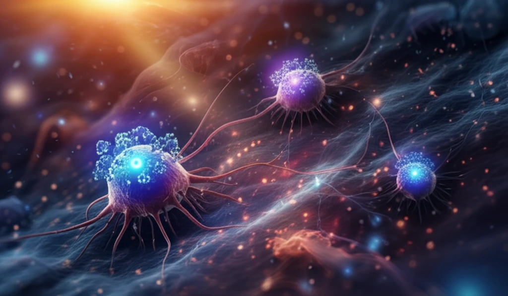 Surreal illustration of a macrophage targeting a demyelinated nerve fiber, symbolizing targeted MS therapy.