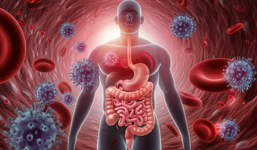 A surreal illustration showing the dual environments of HIV infection within the body.