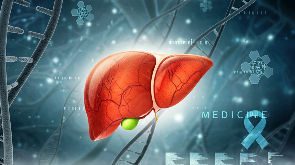 Personalized medicine concept with DNA and a liver.