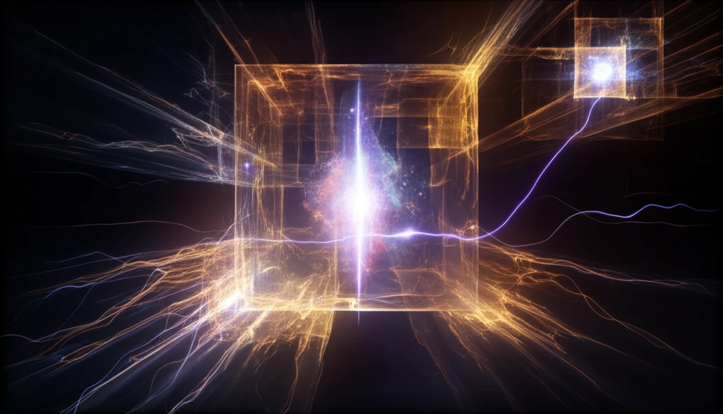 Surreal digital illustration of high-energy protons colliding with a glass surface, creating glowing waveguides.