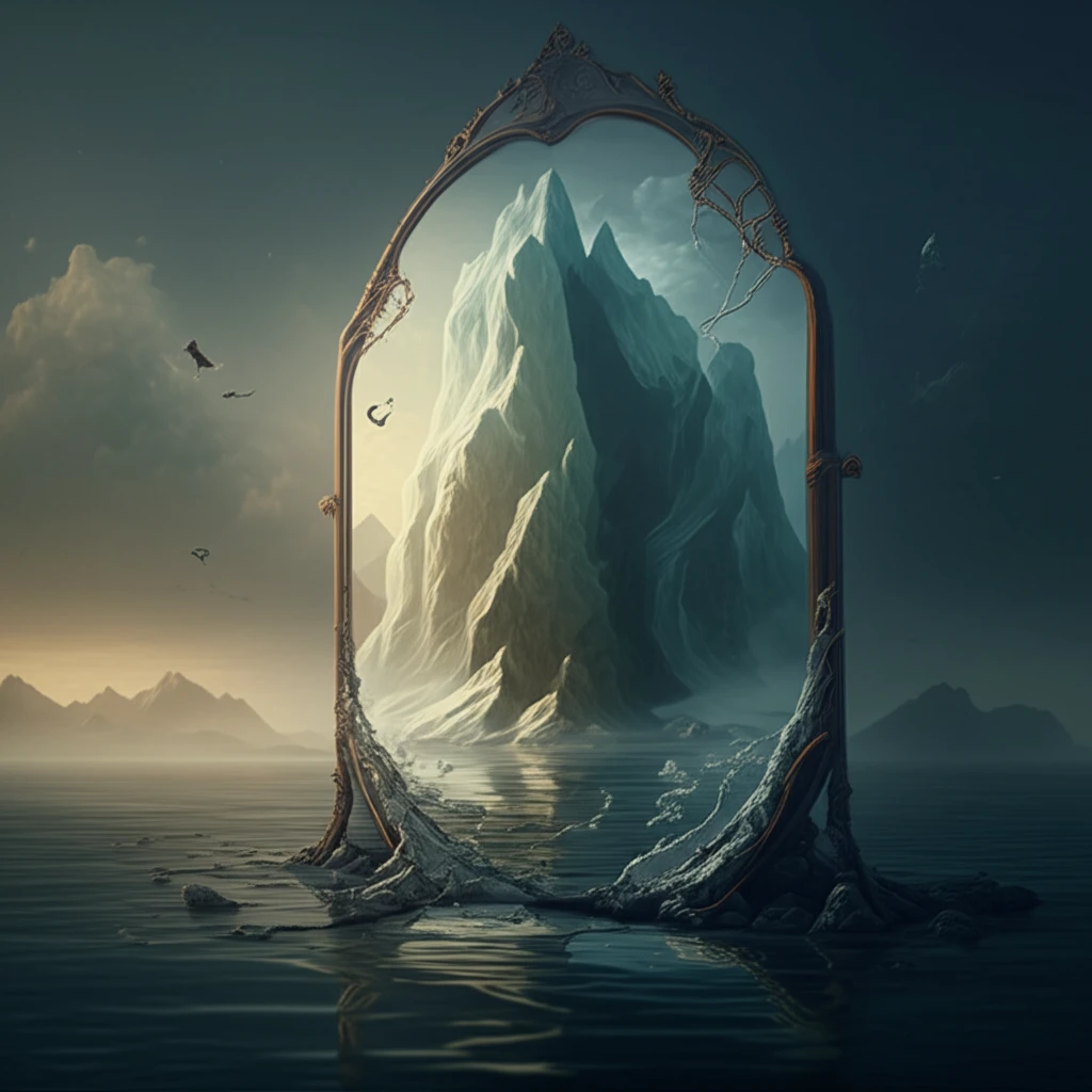 Cracked mirror reflecting a melting Arctic, symbolizing albedo change.