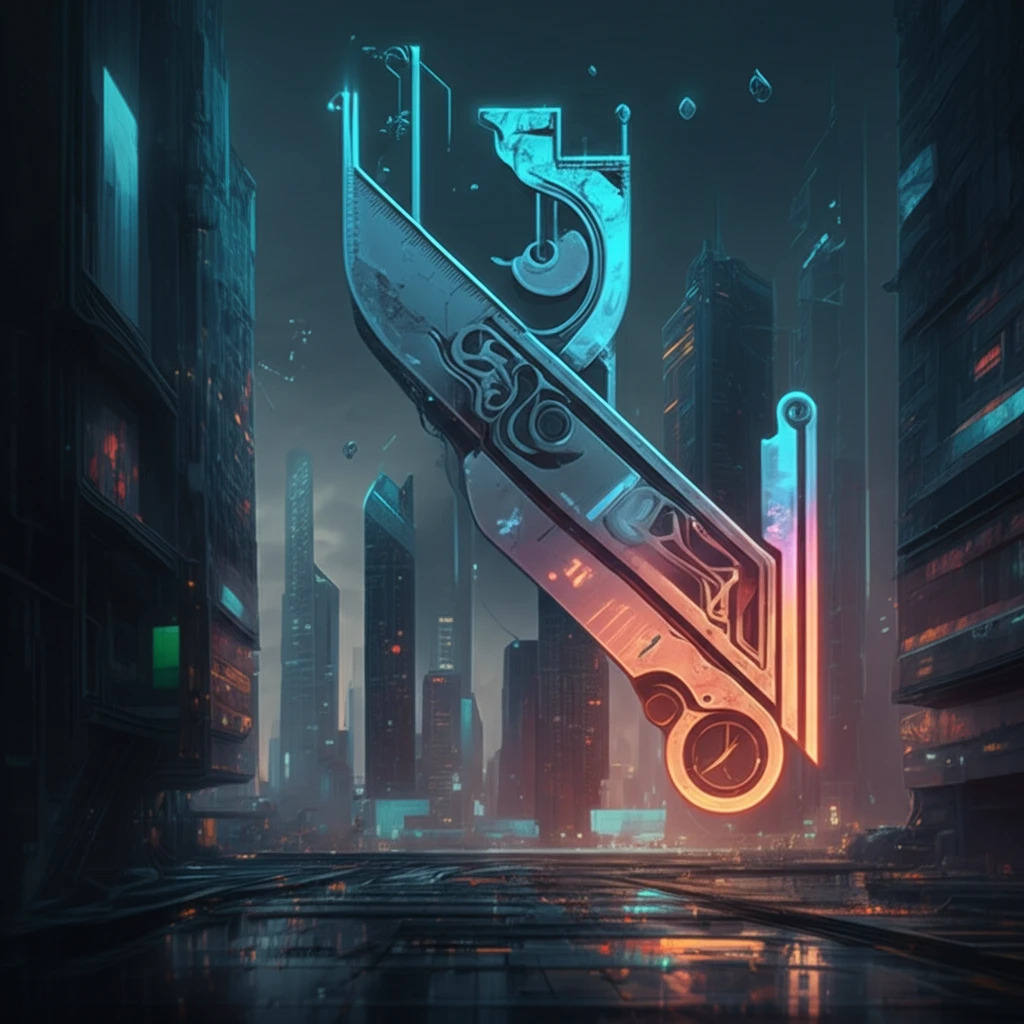 Futuristic city skyline with floating liquid metal inclinometer droplets.