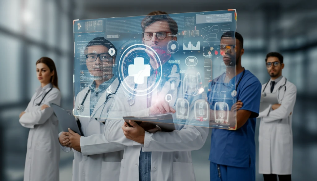 Doctors collaborating with healthcare management system.