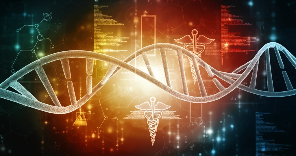 DNA helix interwoven with technology circuits, representing omics data in health tech assessment.
