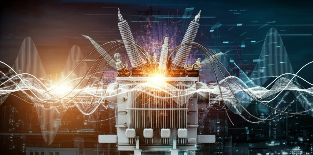 Surreal illustration of an electronic transformer with data streams.