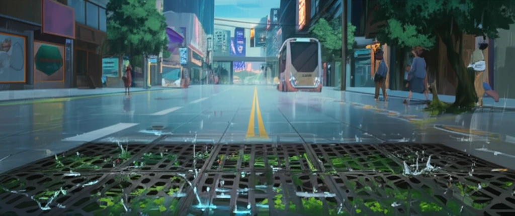 Futuristic city street with porous pavement effectively draining rainwater, surrounded by lush greenery and eco-friendly infrastructure.