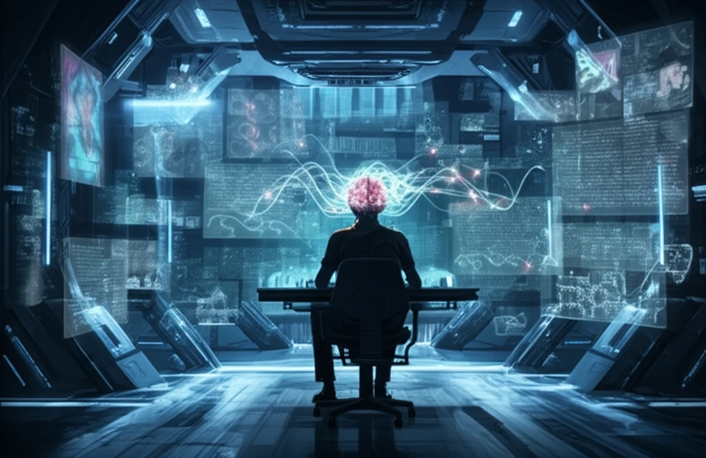 Surreal illustration of digital reading and brain connection