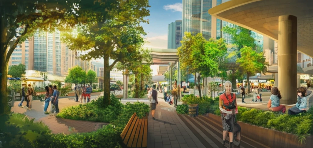 A vibrant, pedestrian-friendly street scene filled with life and activity.