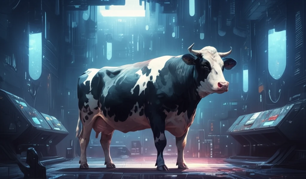 Surreal digital illustration of a Holstein bull in a futuristic AI center, highlighting fertility and scientific advancement.