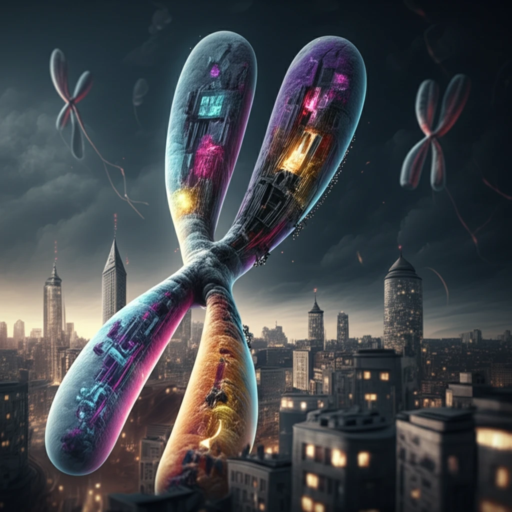 Vibrant chromosome cityscape symbolizing myeloma research.
