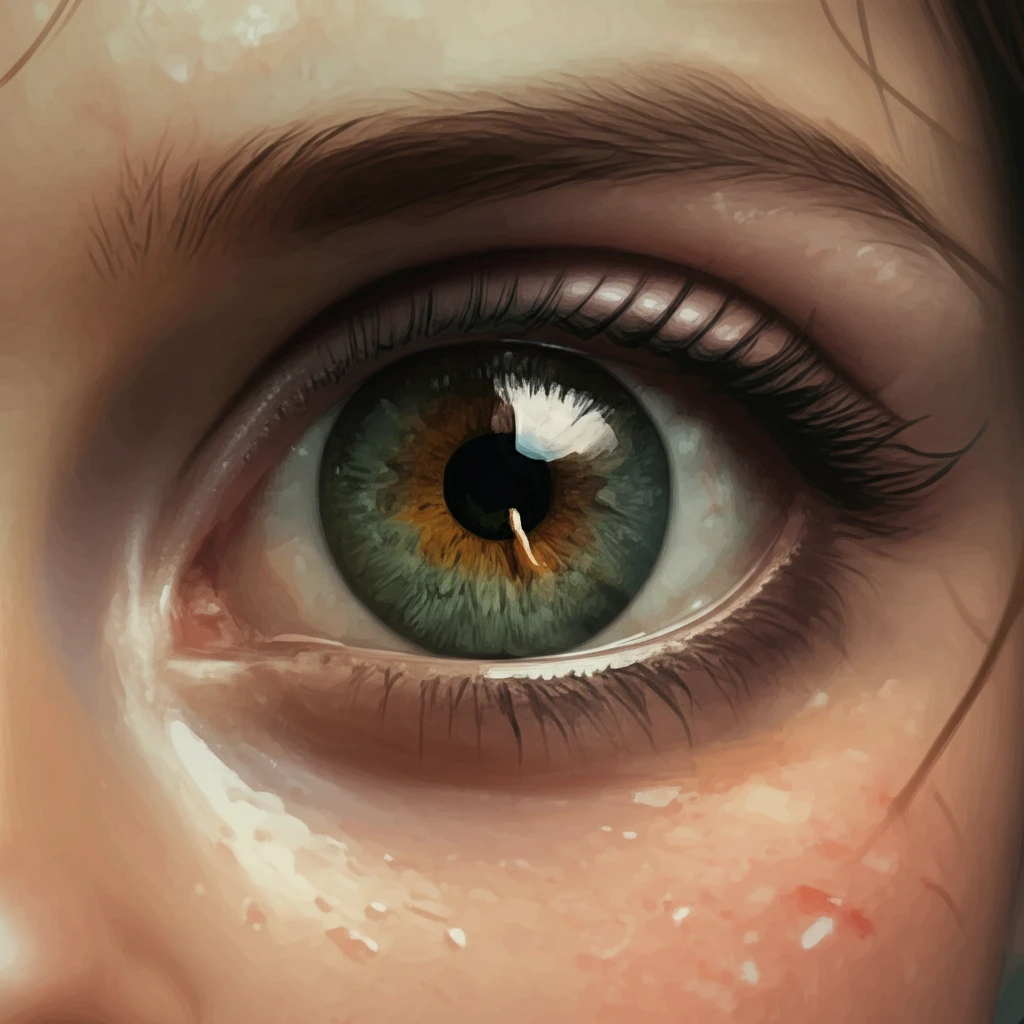 A surreal digital illustration of a child's eye with a glowing worm, representing the battle against eye worms in DUSN.