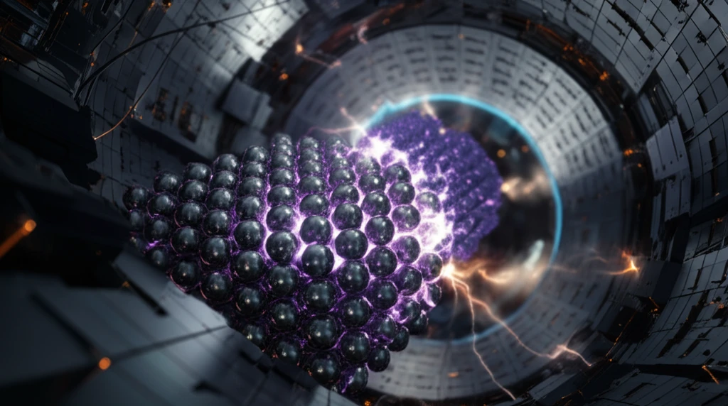 Tungsten crystal lattice distorted by deuterium plasma.
