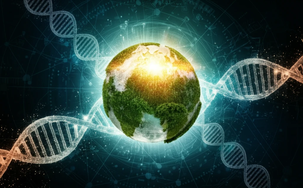 Interconnected helixes representing Quintuple Helix Innovation Systems over a green Earth.