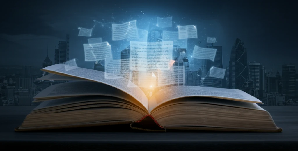 An ancient book with glowing text surrounded by a modern city skyline.