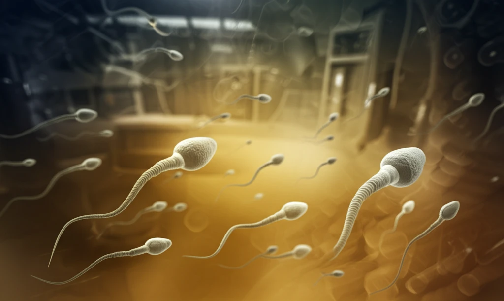 Microscopic sperm cells in yellowish fluid with subtle turkey feather pattern, representing male fertility research.