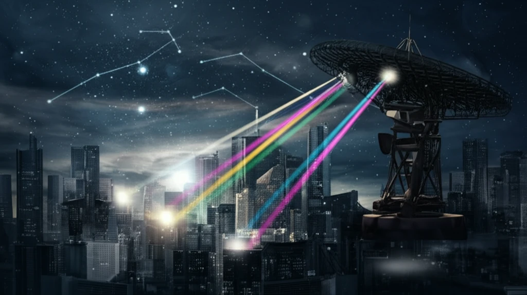 Futuristic multi-beam transmitarray antenna emitting colorful beams into a digital cityscape.