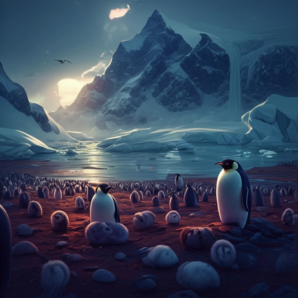 Antarctic landscape with glowing soil and penguin colony, illustrating climate change impact.
