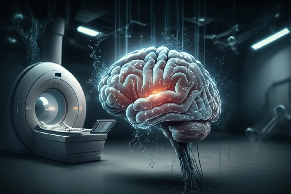 Futuristic brain MRI scan showing sodium ions within a tumor.