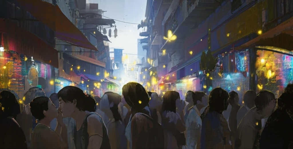A digital illustration depicting the power of word-of-mouth marketing, with whispers transforming into butterflies in a vibrant marketplace.