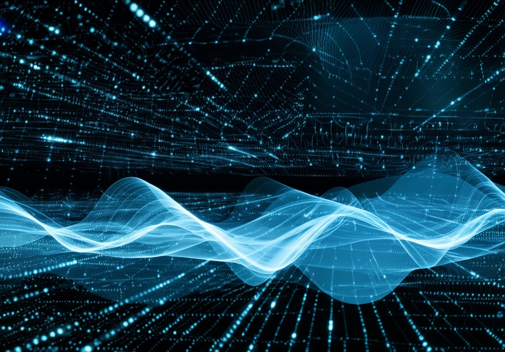 Interconnected glowing nodes in a digital space symbolize efficient data transmission in wireless sensor networks.