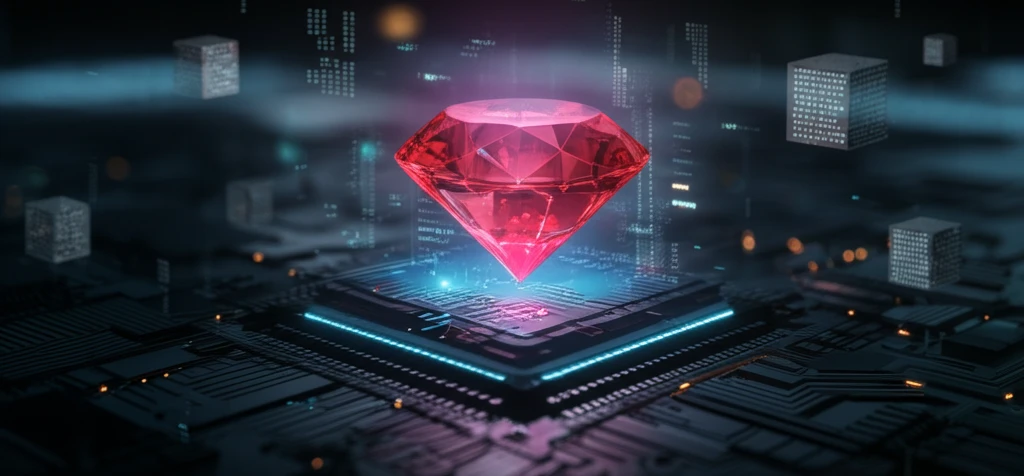 Ruby gem embedded in a glowing circuit board, representing modular GPU code.