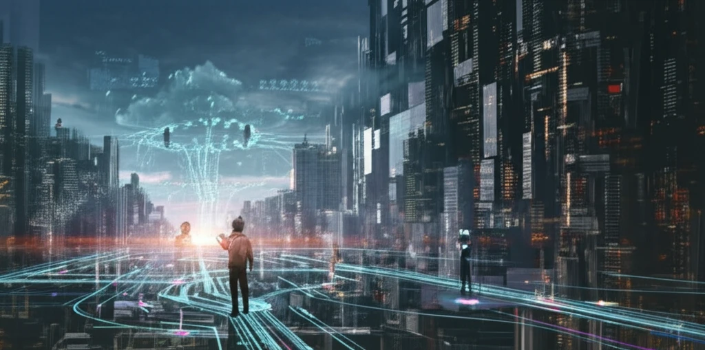 Interconnected data streams flow through a futuristic cityscape, symbolizing the digital economy.