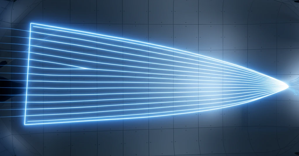 Futuristic aircraft wing with glowing blue airflow lines, showcasing active flow control technology.