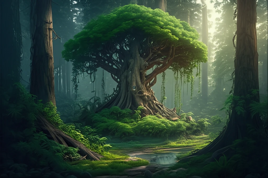A surreal image of a forest emerging from smokestacks, representing sustainable industry.