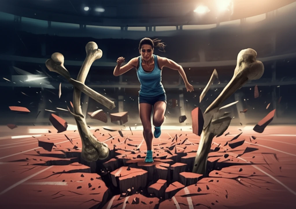 Surreal illustration of a female athlete running on a fractured track, symbolizing the Female Athlete Triad.
