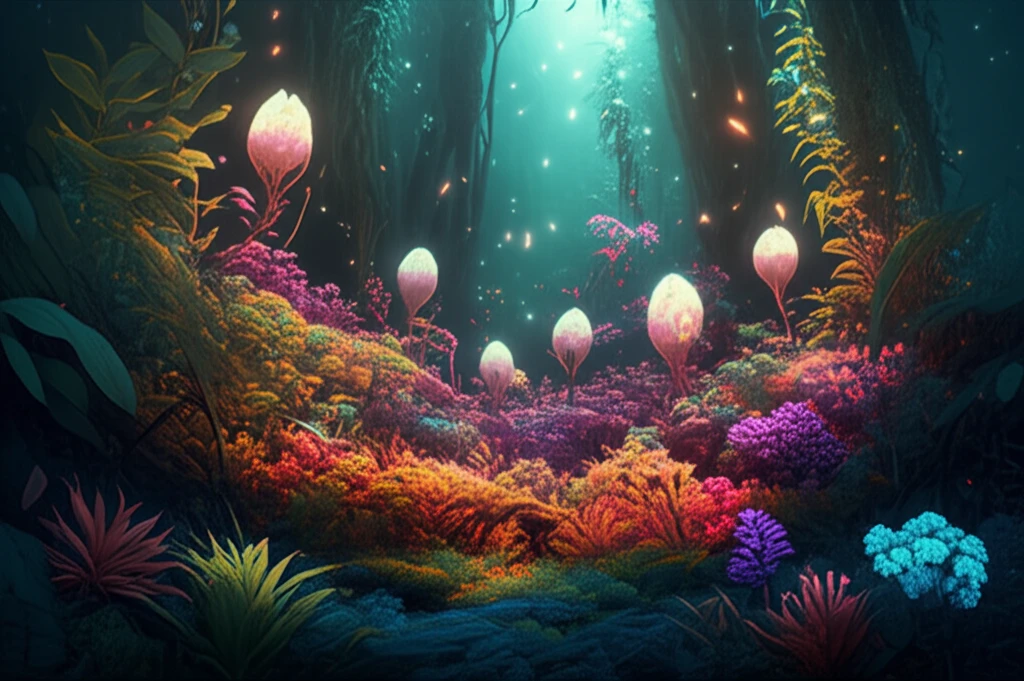 Surreal illustration of a plant community invaded by alien species, showing both enhanced function and reduced variability.