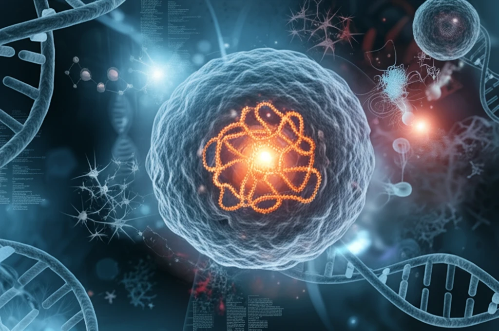 Microscopic view of a cell with a glowing protein structure (Lasp1) at its center, DNA strands, and cellular processes.