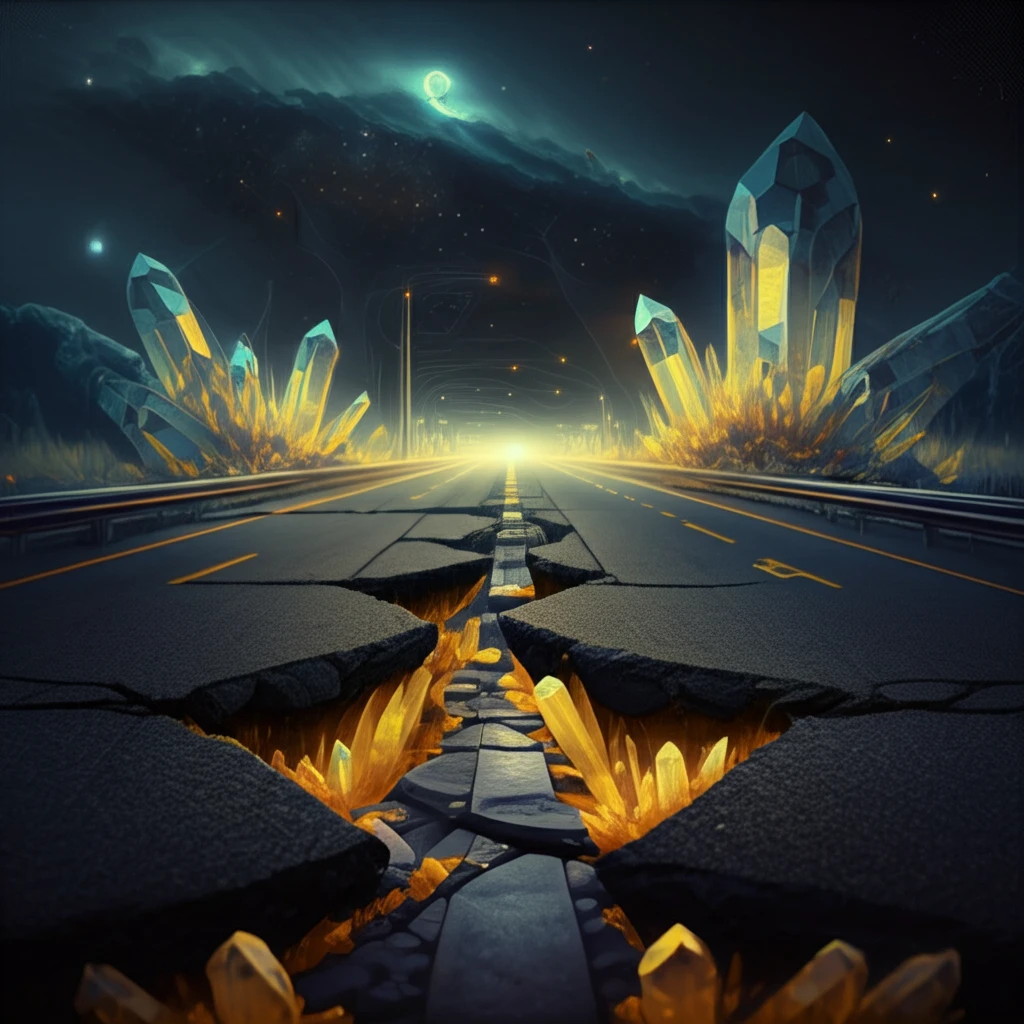 Cracked asphalt transforming into a smooth highway with digital overlays.