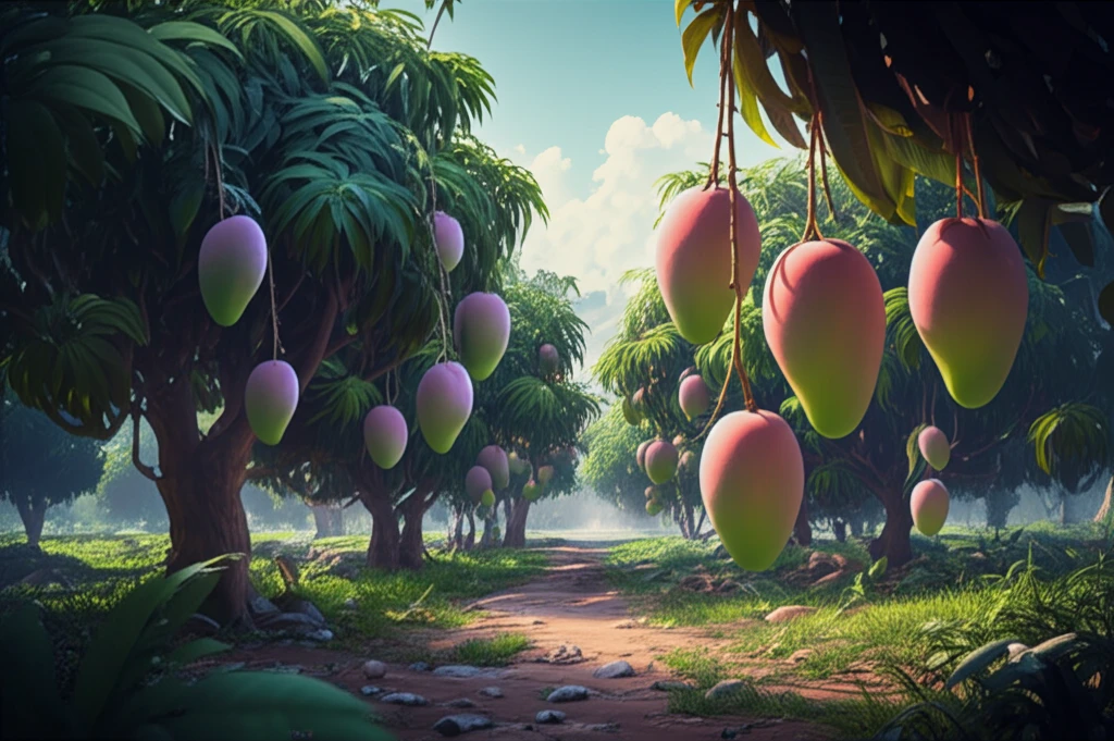 Lush mango orchard in Chittagong, Bangladesh, featuring vibrant, ripe BARI mangoes.