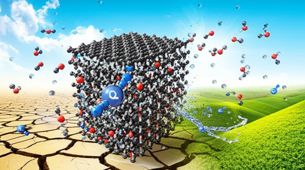 Illustration of 3D-NPC filtering water with landscape transforming from dry to green.