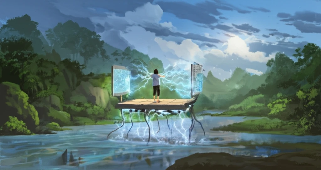 Floating platform deploying electromagnetic waves for underwater pollution detection.