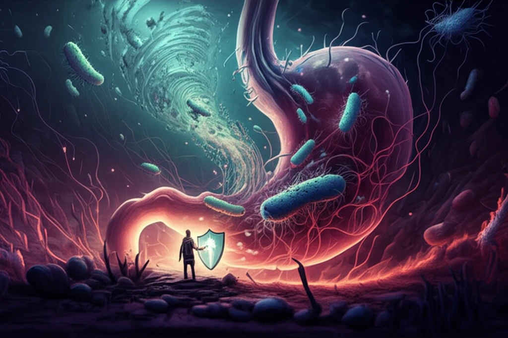 Surreal illustration of H. pylori battle in the stomach with Ecabet Sodium shield.