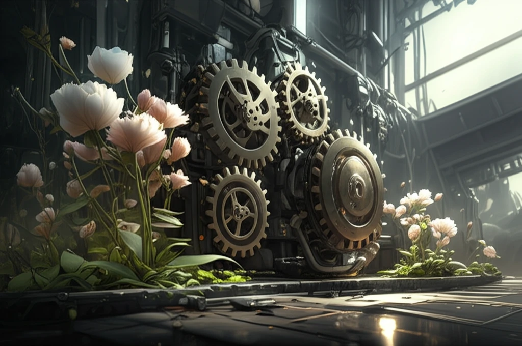 Gears and plants merging in futuristic factory setting, symbolizing STEM skills and growth.