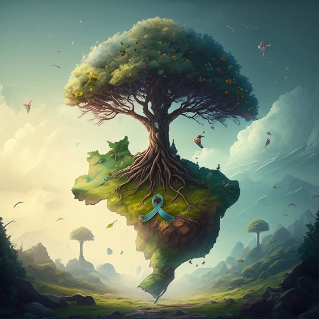 Stylized tree rooted in Brazil, symbolizing prostate cancer awareness and longevity.