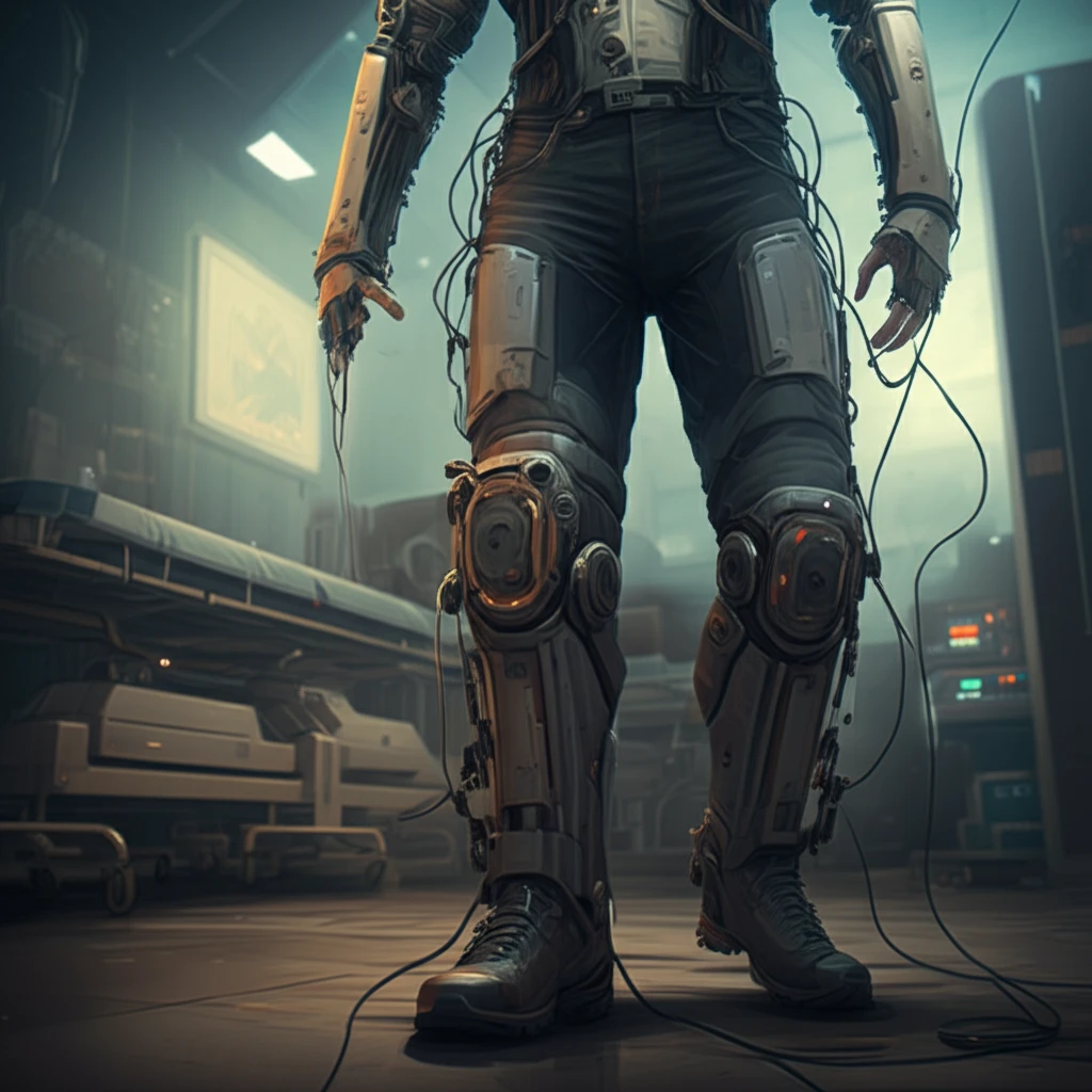 Futuristic robotic exoskeleton assisting with knee movement.