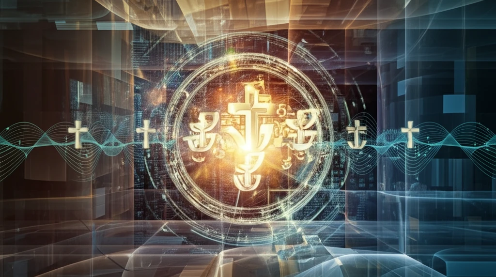 Religious symbols interwoven in a modern cityscape