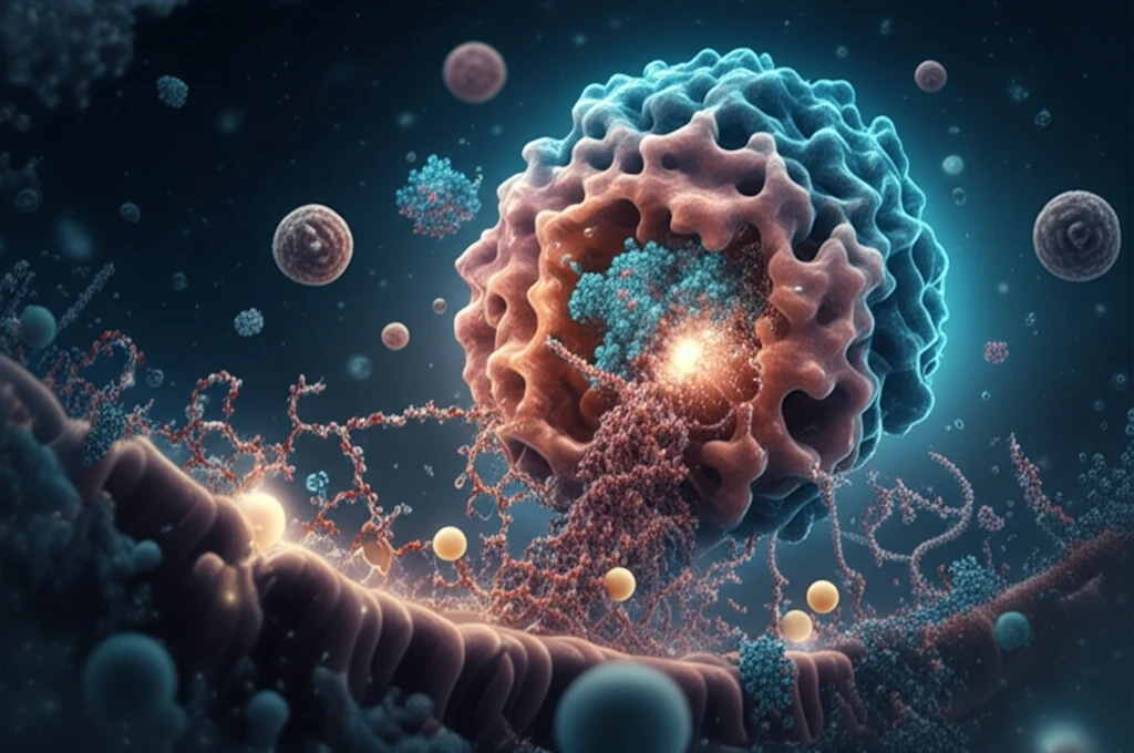 Surreal illustration of AMCase enzymes in a stylized gut, building and breaking down carbohydrate structures.