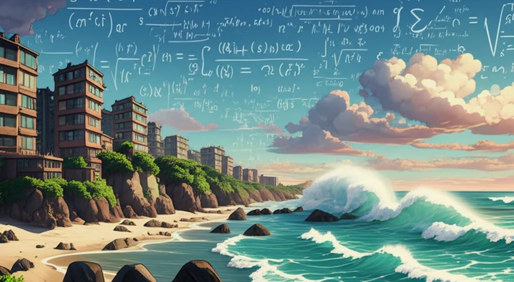 Coastal community protected by ocean wave with equations overlaid.