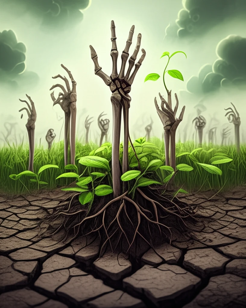 Cracked earth with skeletal hands and vibrant green sprouts