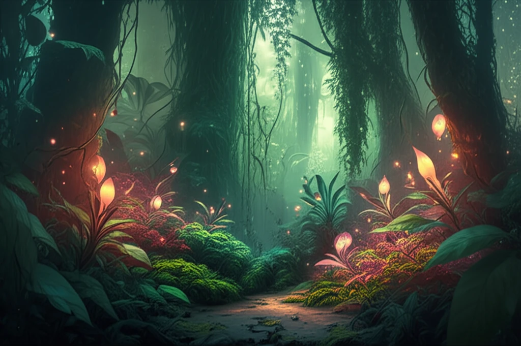 Brazilian rainforest with glowing Piper plants selectively targeting cancerous cells
