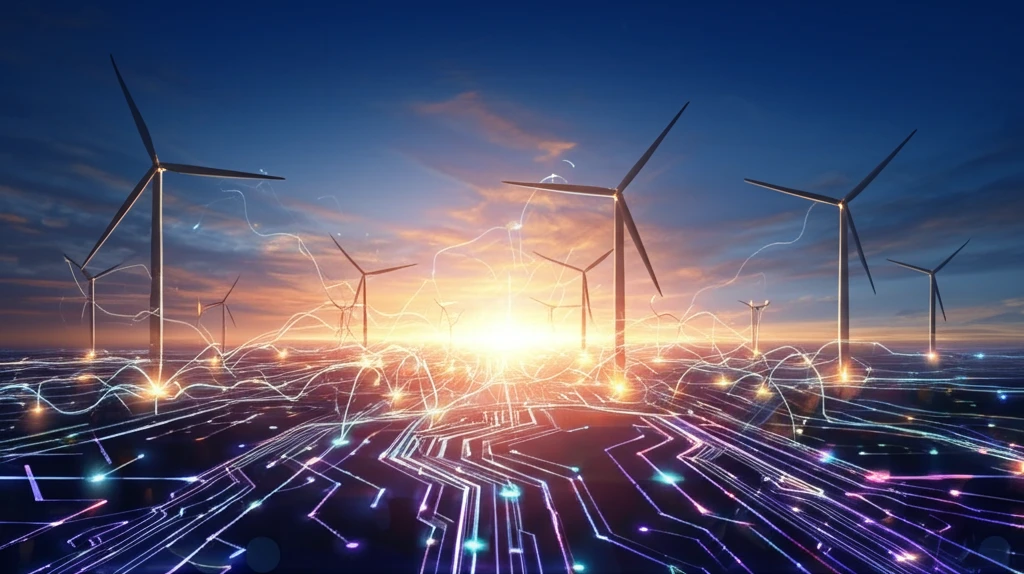 Wind turbine farm at sunset with glowing energy pathways.