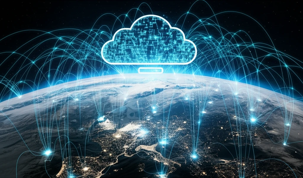 Satellite view of Earth connected to a central cloud server for environmental monitoring