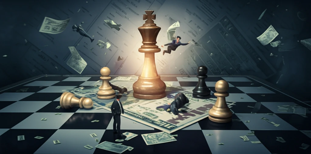 Chessboard with financial documents and distressed investors as pawns