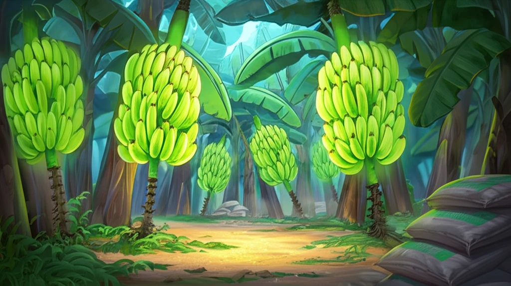 Lush banana plantation with glowing bananas, symbolizing the impact of fertilizers on yield.