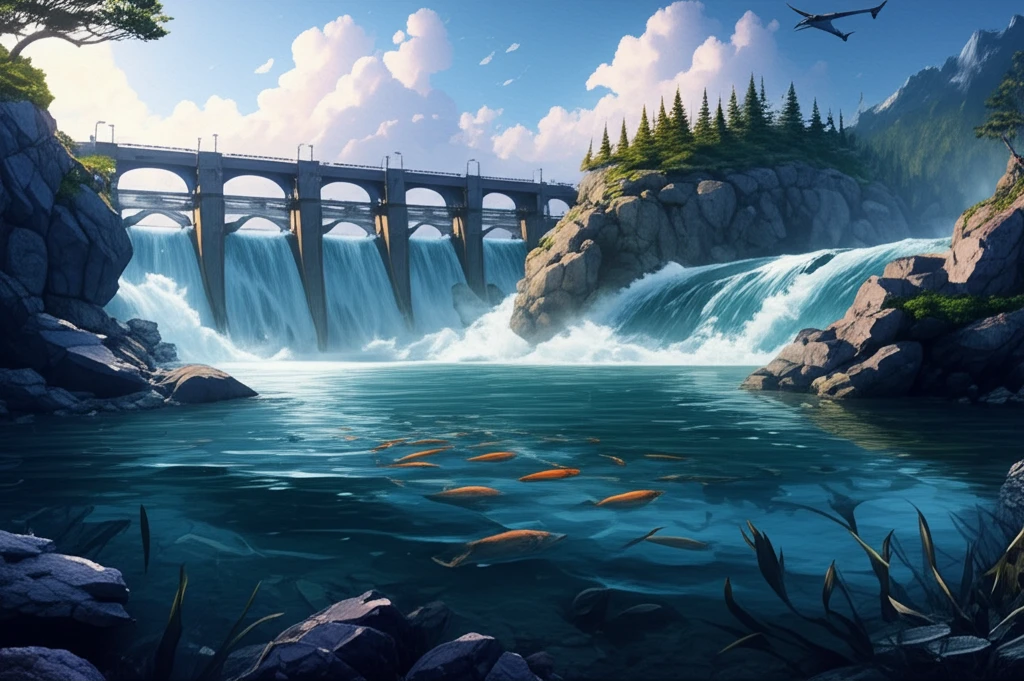 Surreal illustration of a dam with a flawed fish passage system, highlighting the clash between engineering and ecology.